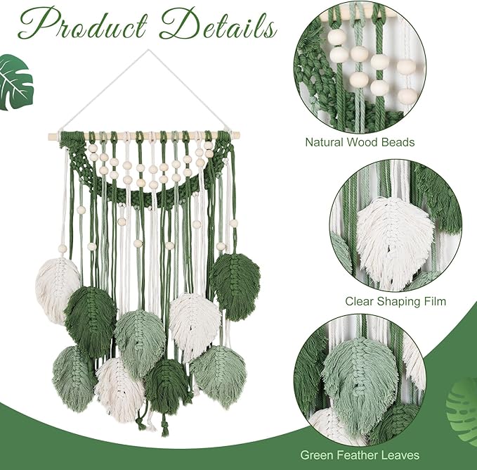 Newwiee Leaves Macrame Wall Hanging Boho Feather Macrame Wall Decor Woven Tapestry Green Stylish Feather Hanging for Nursery Bedroom Living Room 27.6 x 15.8 Inch