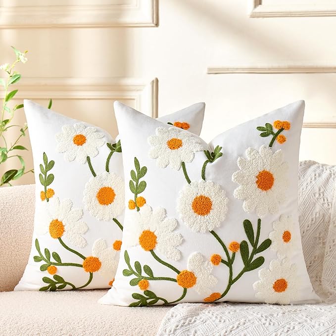 Embroidered Floral Throw Pillow Covers Decorative Couch Pillow Covers Farmhouse White Flowers Tufted Pillow Covers 18x18 Square Summer Cushion Cases Set of 2 for Living Room Couch Sofa Bed Home Decor