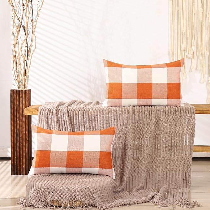 CARRIE HOME Burnt Orange Plaid Fall Lumbar Pillow Covers 12x20 Set of 2 Farmhouse Buffalo Plaid Halloween Lumbar Pillows 12 x 20 Outdoor Farmhouse Decor for Couch Sofa and Patio