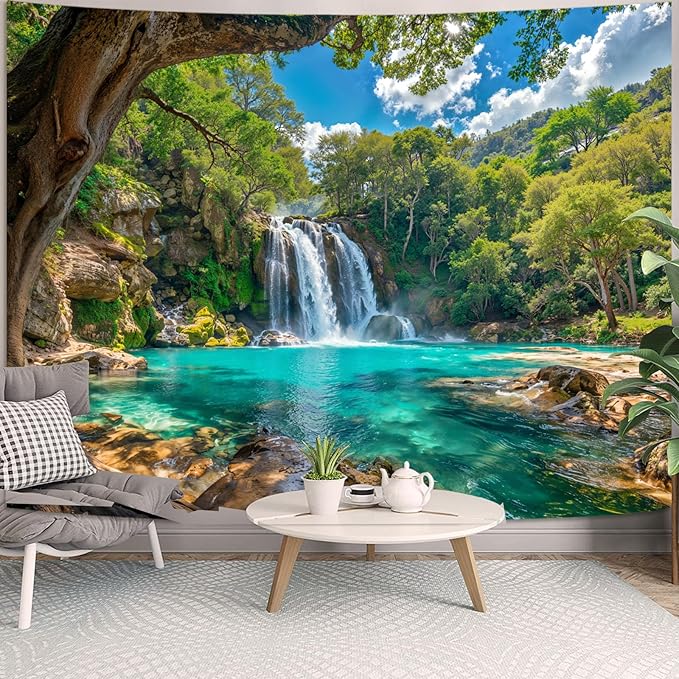 Zussun Nature Forest Tree Tapestry Flowing Waterfall Green Jungle Tapestry for Bedroom Aesthetic Teal Lake Landscape Large Tapestries Wall Hanging for Dorm Living Room Decor 90 x 68 Inch
