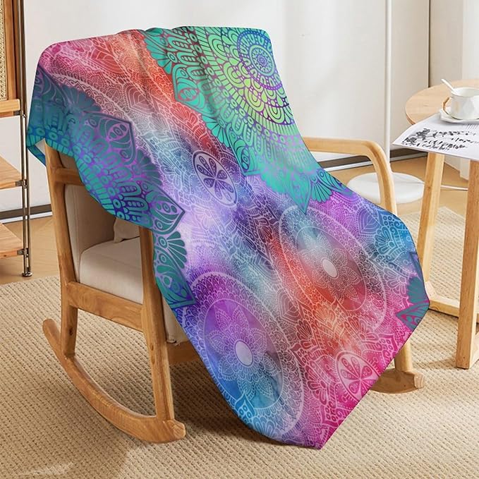 Mandala Throw Blanket Colorful Floral Flowers Bohemian Boho Blanket for Sofa Bed Couch Chair Or Dorm 50"x60"