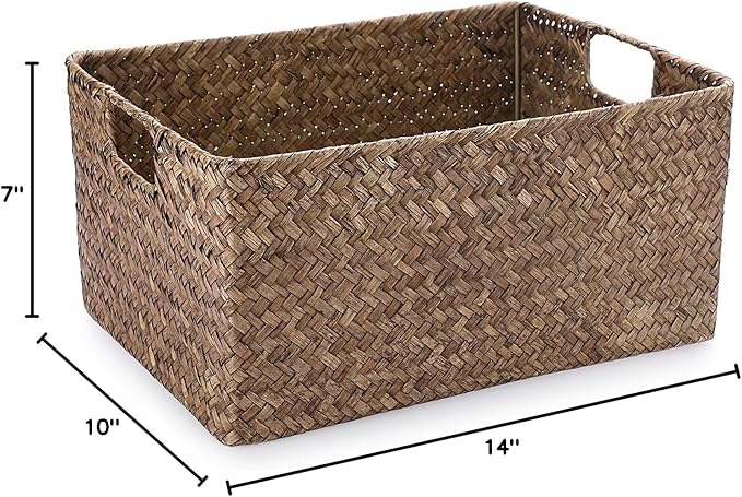 Hipiwe Seagrass Storage Opened Baskets Bin for Shelf Organizing Handwoven Wicker Baskets Rectangular Decorative Basket Closet Bedroom Organizer Bin Box Multipurpose Storage Basket with Handle