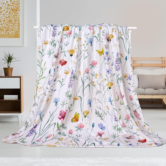 Watercolor Floral Throw Blanket Colorful Wildflower Blankets Botanical Plant Leaf Bed Blanket Flower Butterfly Flannel Fleece Throw Blanket for Couch “60x80”
