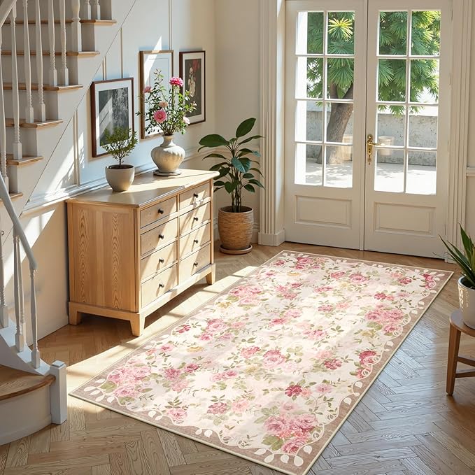 Lahome Floral Washable 3x5 Rug, Small Rugs for Bedroom Soft Non-Slip,Entry Way Rugs Indoor Low Pile Carpet for Nursery Kids Playroom Nina Beige/Pink/Multi