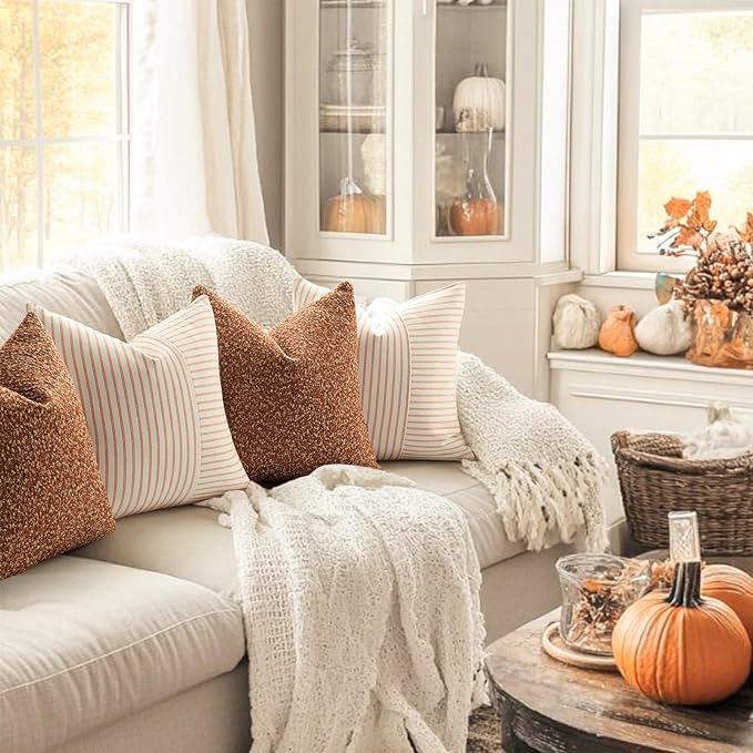 YCOLL Fall Pillow Covers 20x20, Modern Accent Throw Pillow Covers Set of 2, Burnt Orange Striped Patchwork Linen Decorative Pillows Cushion Covers for Couch Chair Bedroom Home Decor