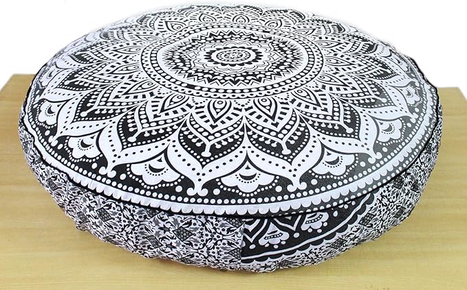 ICC Large Hippie Mandala Round Floor Pillow Cover Ottoman Pouf Cover Daybed Oversized Cotton Cushion Cover with Heavy Duty Zipper Seating Ottoman Poufs Dog-Pets Bed (Gray Ombre, 35" Round)
