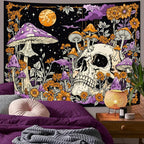Lifeella Skull Mushroom Tapestry, Gothic Hippie Skeleton Wall Hanging for Bedroom Living Room Dorm Decor, Purple Orange 36x48 inches