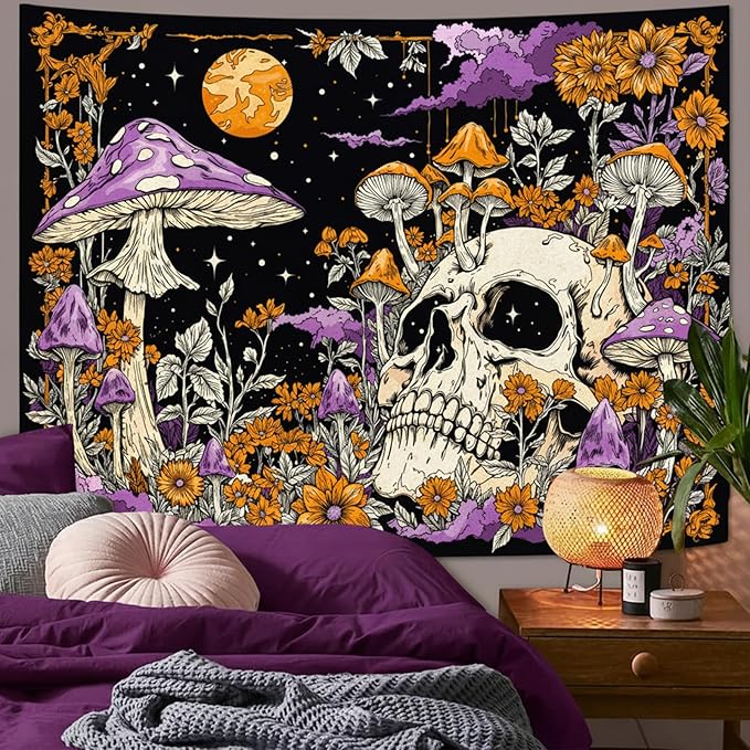 Lifeella Skull Mushroom Tapestry, Gothic Hippie Skeleton Wall Hanging for Bedroom Living Room Dorm Decor, Purple Orange 36x48 inches