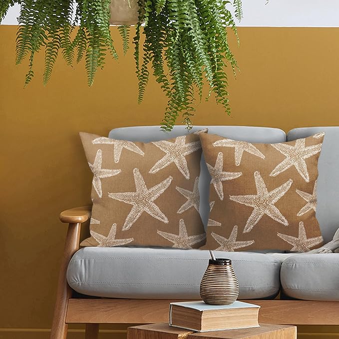 Kawani Tan Brown Starfish Ocean Pillow Covers 16X16 Inch Summer Nautical Coastal Beach Decorative Pillow Cases Set of 2 Cotton Linen Throw Pillows Seasonal Home Decor for Sofa Couch Cushion Outdoor
