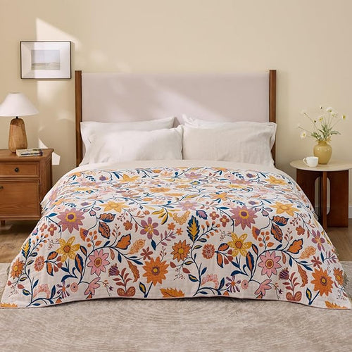 100% Cotton Boho Throw Blanket for Home Decor – Classic Farmhouse Quilt Bedding, Muslin Blankets for Adults, Vintage Woven Decorative Blanket for Couch, Bed Layering Use, Botanic Floral, 90"x90"
