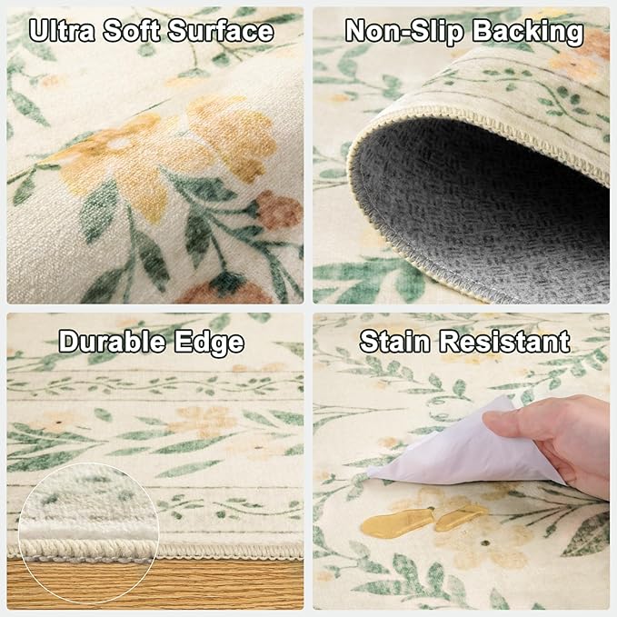 Runner Rug for Entryway: 2x6 Kitchen Rugs Non Slip Washable Ultra-Thin Soft Floral Carpet Indoor Floor Stain Resistant Carpets for Hallway Bedroom Kitchen Laundry Bathroom Dorm Beige/Multi