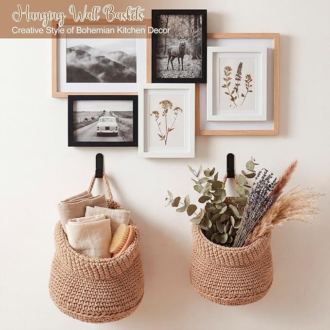 Honeydak Boho Decor Hanging Wall Baskets for Kitchen 3 Pack Teardrop Baskets with Hooks Storage Fruit Onion Vegetable Potato for Home 3 Sizes(Light Linen,Barrel,Cotton Rope)