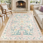 Lahome Sylvie Pink Washable Rugs for Bedroom Girls 6x9, Boho Floral Living Room Rugs Non-Slip, Soft Low-Pile Nursery Carpet for Dining Room Kids Dorm Decor, Blush
