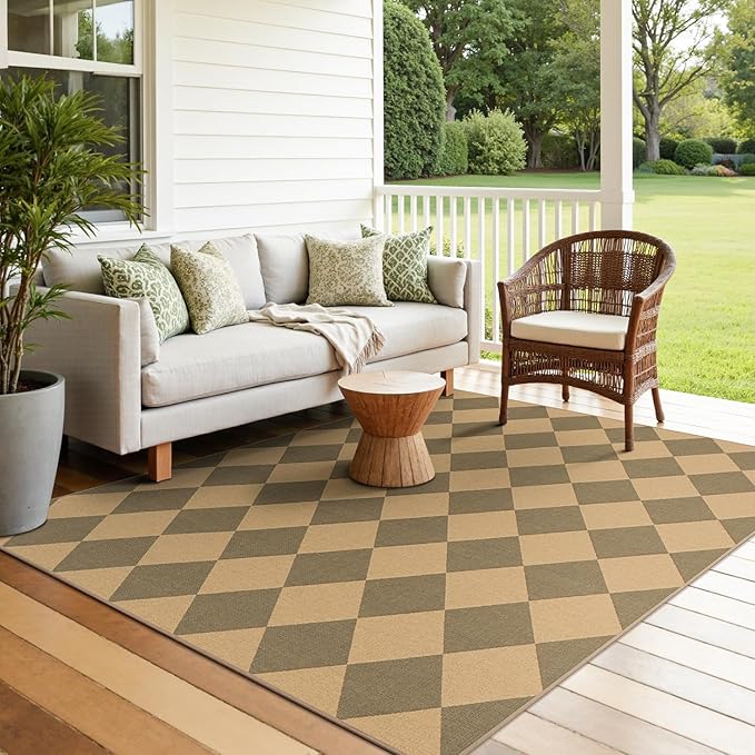 Lessymo Checkered Area Rugs 5x7 for Living Room, Washable Easy Jute Rug for Outdoor Patio Backyard Dining Room Bedroom, Non Slip Farmhouse Natural Indoor Outdoor Carpet, Diamond Brown/Beige