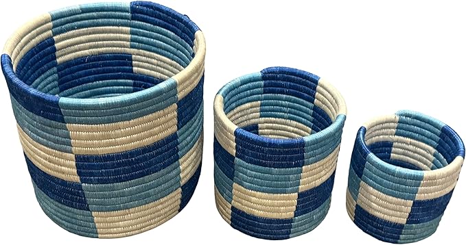 African Planter Baskets Sets of 3 Woven Sisal Baskets for Indoor Plant Pots Covers Home Decor Storage Organizer Gifts Zen Designs Arts and Crafts (Teal Blue and Natural)