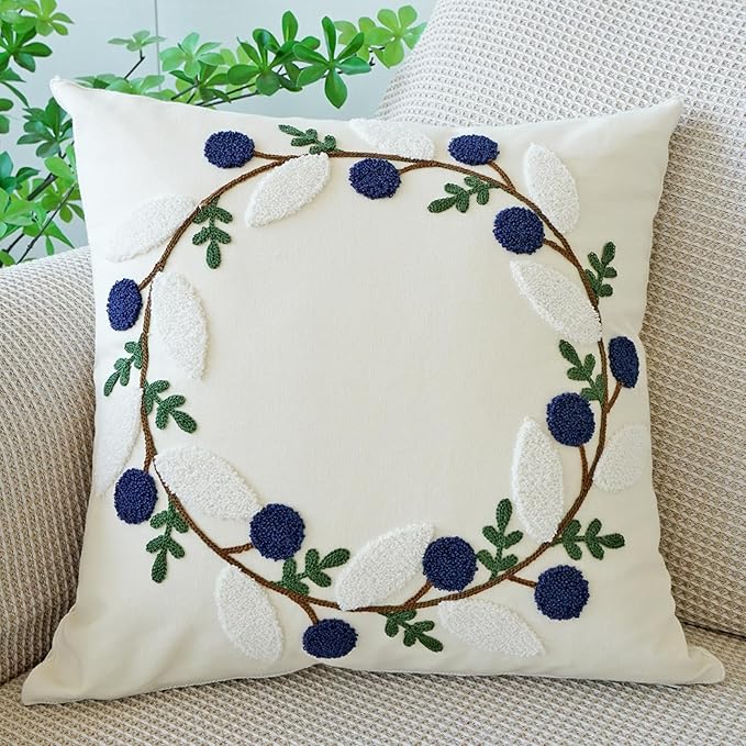 vctops Floral Embroidered Pillow Covers 18x18 Inch Spring Summer Cotton Tufted Throw Pillow Cover Outdoor Garden Cushion Case for Sofa, Bed, Living Room (Flower A,18"x18")