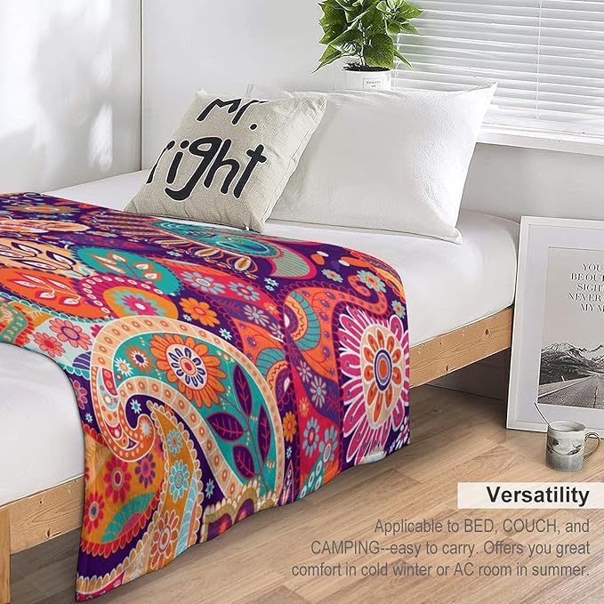 Boho Paisley Floral Throw Blanket Mandala Indian Bohemian Colorful Flowers Blanket for Sofa Bed Couch Chair Or Dorm 40"x50"