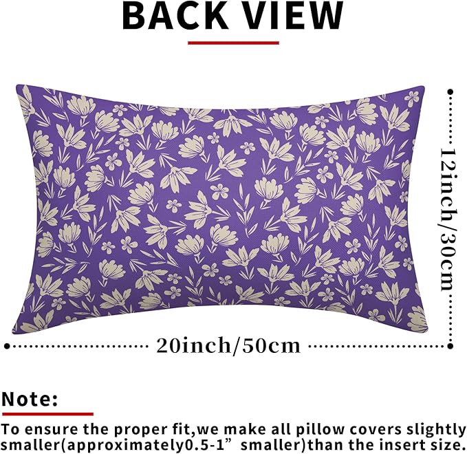 Purple Pillow Covers 12x20 Set of 2 Vintage Floral Rustic Old Style Cute Flower Print Rectangle Decorative Outdoor Pillowcases Seasonal Farmhouse Throw Cushion Case Couch Sofa Bed Decor