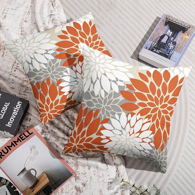 Orange White Grey Gray Pillow Covers 20X20 Inch Set of 2, Modern Dahlia Floral Print Decorative Throw Pillow Covers Outdoor Farmhouse Cushion Case for Home Couch Sofa Bed Decoration