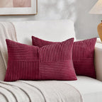 Fancy Homi 2 Packs Burgundy Lumbar Decorative Throw Pillow Covers 16x28 Inch for Living Room Couch Bed, Farmhouse Boho Home Decor, Soft Striped Corduroy Rectangle Accent Cushion Case 40x70 cm