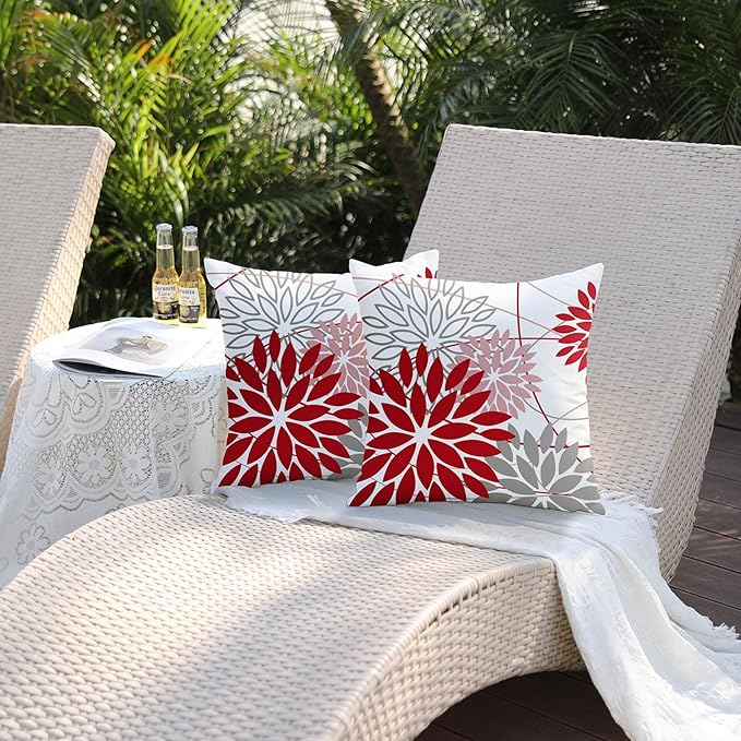 Red and Pink Grey Floral Pillow Covers 20x20 Set of 2 Outdoor Waterproof Decorative Throw Pillows valentines Pillow covers Polyester Cushion Case Decor for Couch Patio Funiture Garden Porch 01X20