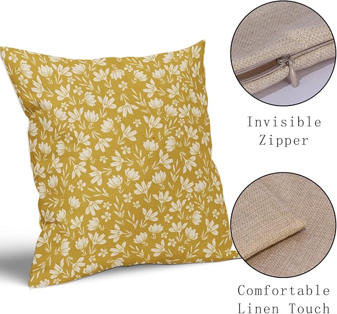 Yellow Pillow Covers 18x18 Set of 2 Vintage Floral Rustic Old Style Cute Flower Print Decorative Outdoor Pillowcases Seasonal Farmhouse Throw Cushion Case Decor for Couch Sofa Bed