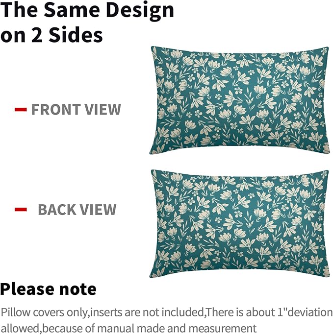 Teal Pillow Covers 12x20 Set of 2 Vintage Floral Rustic Old Style Cute Flower Print Rectangle Decorative Outdoor Pillowcases Seasonal Farmhouse Throw Cushion Case Couch Sofa Bed Decor
