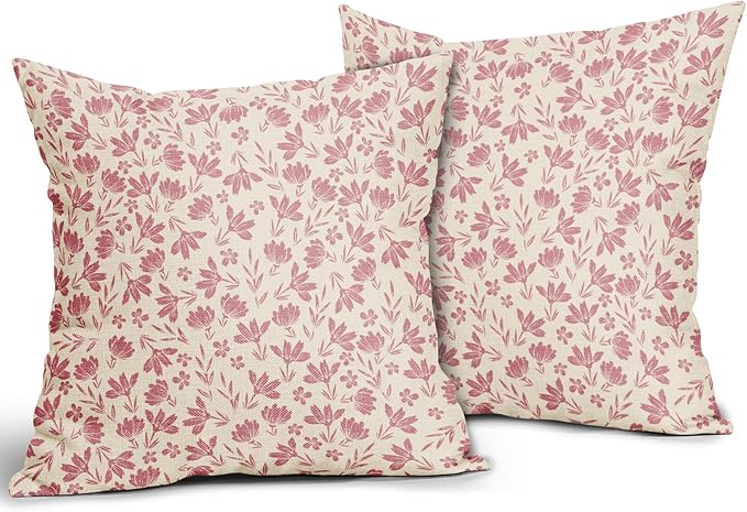 Light Pink Floral Pillow Covers 16x16 Set of 2 Vintage Rustic Old Style Cute Small Flower Pink Cream Print Decorative Outdoor Pillowcases Farmhouse Throw Cushion Case Decor for Couch Sofa Bed