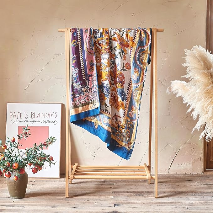Boho Throw Blanket - 60"x80" 100% Cotton Ultra Soft Lightweight Spring Blanket, 4-Layer Breathable Muslin Blankets for Bed Couch, Reversible Yellow Floral Printed Bohemian Cotton Quilt