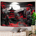 Anime Samurai Tapestry, Cool Red and Black Medieval Fantasy Dragon Tapestry Wall Hanging for Men, Mountain Forest Nature Sunset Dark Asia Japanese Tapestries Aesthetic for Living Room College, 60x40