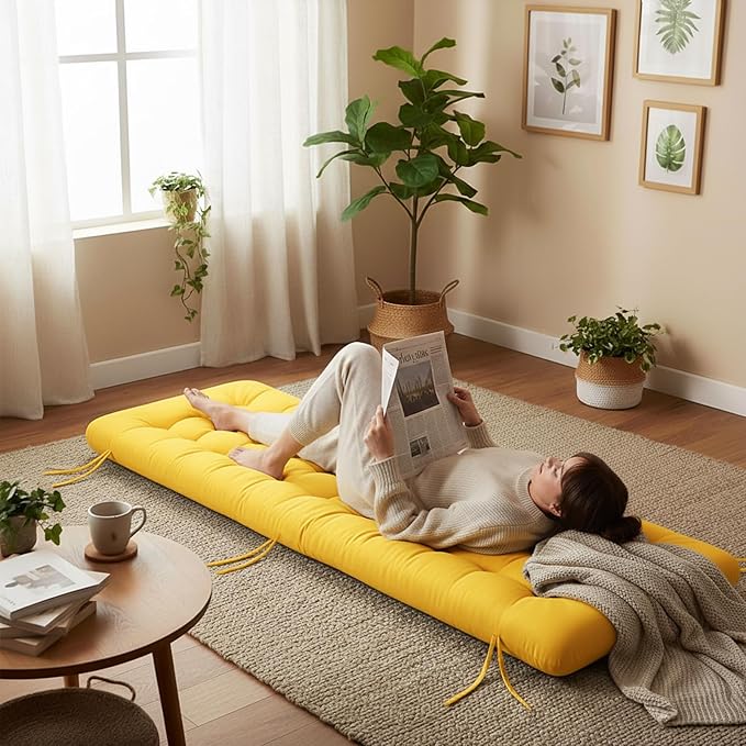 Long Floor Cushion Large Floor Cushion with Brushed Cotton 74.8 x 27.5 x 3.15 in Jumbo Lounger Pillow for Outdoor Indoor Bay Window Meditation Yoga Reading Sleeping(1 Pc,Yellow)