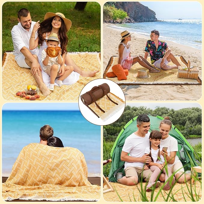 VitalCozy Waterproof Picnic Blankets 71×71 inch Outdoor Blanket Foldable 2 in 1 Double Layer Sandproof Beach Mat with Carry Strap for Camping Lawn Park Beach Grass(Yellow)