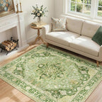 Area Rugs 4'x6' Washable Non-Slip, Floral Vintage Distress Print Pattern Medallion Carpet for Living Room Bedroom Dining Room, Sage Green Yellow