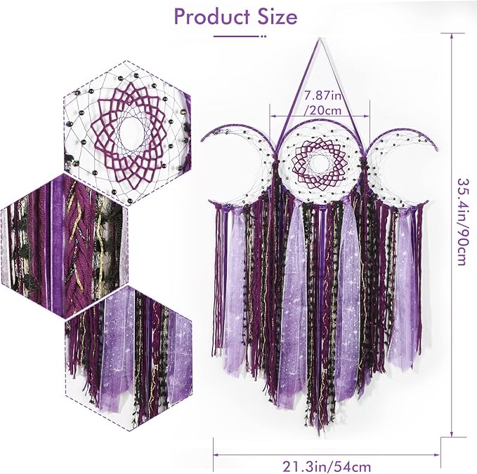 ANROYE Purple Triple Moon Goddess Macrame Wall Hanging, Boho Wiccan Crescent Dream Catcher, Bohemian Dreamcatcher for Women,Woven Pagan Tapestry Decor for Bedroom Witch Decoration