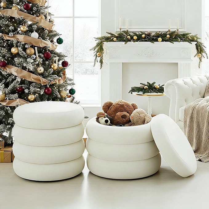 Flouki 20.1" Storage Ottoman Round, Vanity Stools for Bedroom, Entryway Ottoman for Console Table, Ottoman Stool for Girls Women, Foot Stool for Living Room, Set of 2, Velvet White