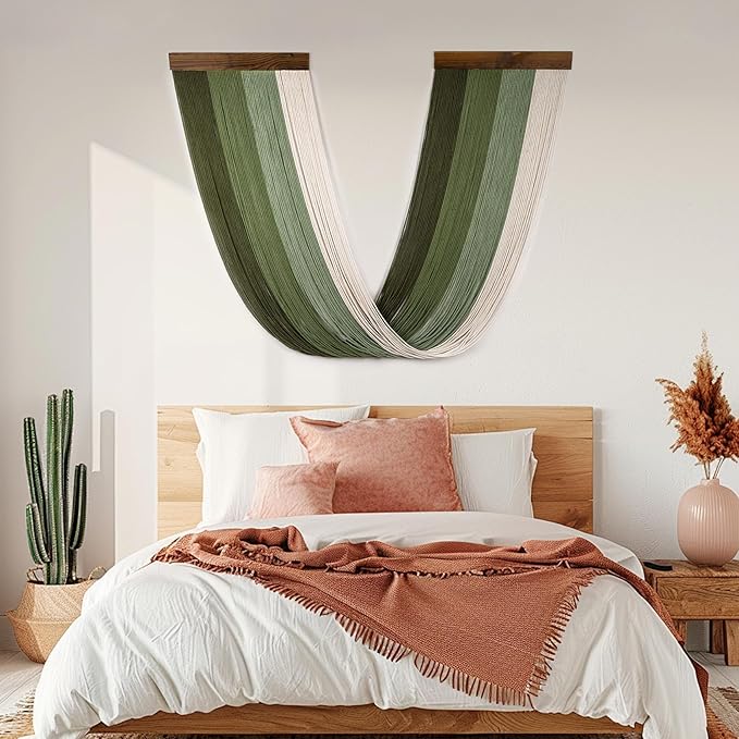 EOBTAIN Large Macrame Wall Hanging Art Decor,Boho Gradient Green to White Cotton Woven Tassel Tapestry for Bedroom Living Room Decor,Handmade Ombre Wall Art Home Decoration,Fashional Gift