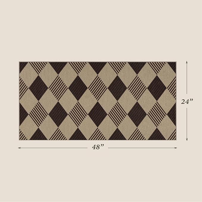2x4 Easy Jute Diamond Entryway Rug - Plaid Rug for Patio Kitchen Bedroom Home Office, Woven Low Pile Washable Beige Black Geometric Front Door Décor