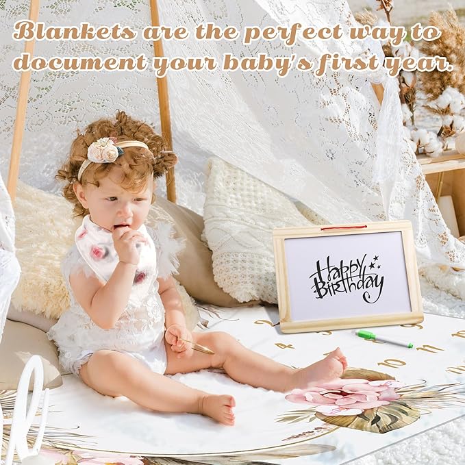 Chumia 6 Pcs Baby Monthly Milestone Blanket for Girl 60" x 40" Butterfly Milestone Blanket Age Photo Photography Backdrop with Newborn Calendar Growth Chart Bib Headband(Beigh,Boho Pattern)