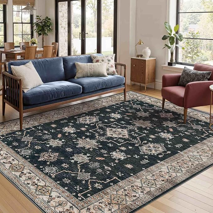 Area Rugs for Living Room Bedroom, Washable Rug, Black Vintage Floral Boho Rug, Non Slip & Low Pile Faux Wool Accent Carpet for Indoor Dining Room, Kids Room and Office(Black 4x6ft)