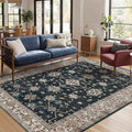 Area Rugs for Living Room Bedroom, Washable Rug, Black Vintage Floral Boho Rug, Non Slip & Low Pile Faux Wool Accent Carpet for Indoor Dining Room, Kids Room and Office(Black 4x6ft)