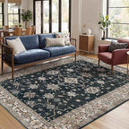 Area Rugs for Living Room Bedroom, Washable Rug, Black Vintage Floral Boho Rug, Non Slip & Low Pile Faux Wool Accent Carpet for Indoor Dining Room, Kids Room and Office(Black 4x6ft)