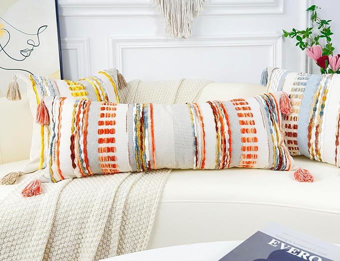Chenille and Cotton Long Pillow for Bed, Striped Textured Boho Lumbar Throw Pillow Cover 16x36, Neutral Accent Decorative Extra Long Body Pillow Case for Couch, Sofa, Bedroom, Red