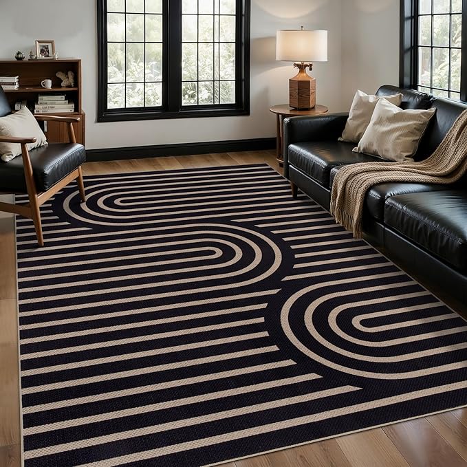 Tangsoo Easy Jute 4x6 Washable Rug for Outdoor Patio,Non-Slip Black Area Rug Thin Indoor Outdoor Carpet,Boho Farmhouse Throw Mat for Front Porch Bedroom Foyer