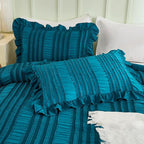 WONGS BEDDING Teal Comforter Set King,3 Pieces Ruffle Farmhouse Shabby Chic Comforter for King Bed,Soft Textured Boho Bedding Set with 1 Ruffle Comforter,2 Tufted Pillowcases 104"×90"