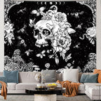Black and White Gothic Tapestry for Bedroom Aesthetic, Skeleton Goth Witchy Tapestries Wall Hanging, Skull Floral Poster Backdrop for Living Gaming Room Dorm Decor 51in X 60in
