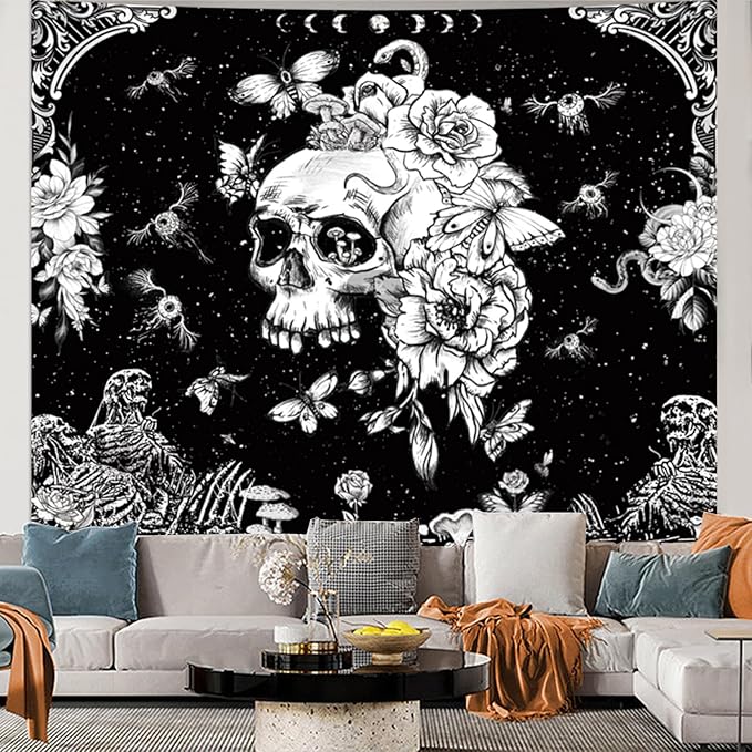 Black and White Gothic Tapestry for Bedroom Aesthetic, Skeleton Goth Witchy Tapestries Wall Hanging, Skull Floral Poster Backdrop for Living Gaming Room Dorm Decor 51in X 60in