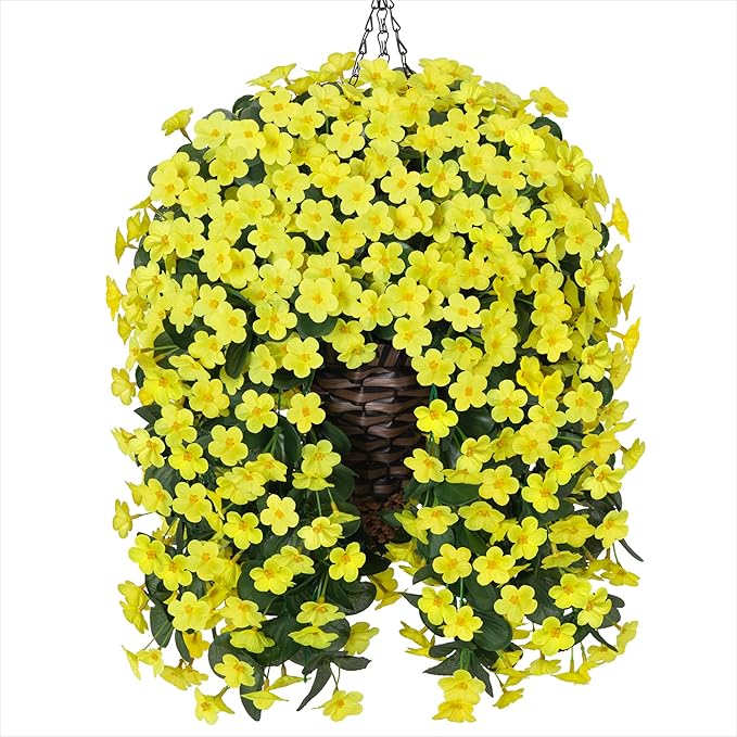 HyeFlora Artificial Fake Hanging Outdoor Flowers Plants Basket, Faux Silk Yellow Daisy Flowers UV Resistant Realistic Hanging Planter Orchid Vines for Outside Porch Patio Home Garden Yard Decoration