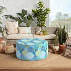 Indoor/Outdoor Inflatable Ottoman D31 x H14 inch, All Weather Ottoman Pouf, Portable Footstool Round Foot Rest Ottomans for Patio, Garden, Porch, Home, Dahlia Blue