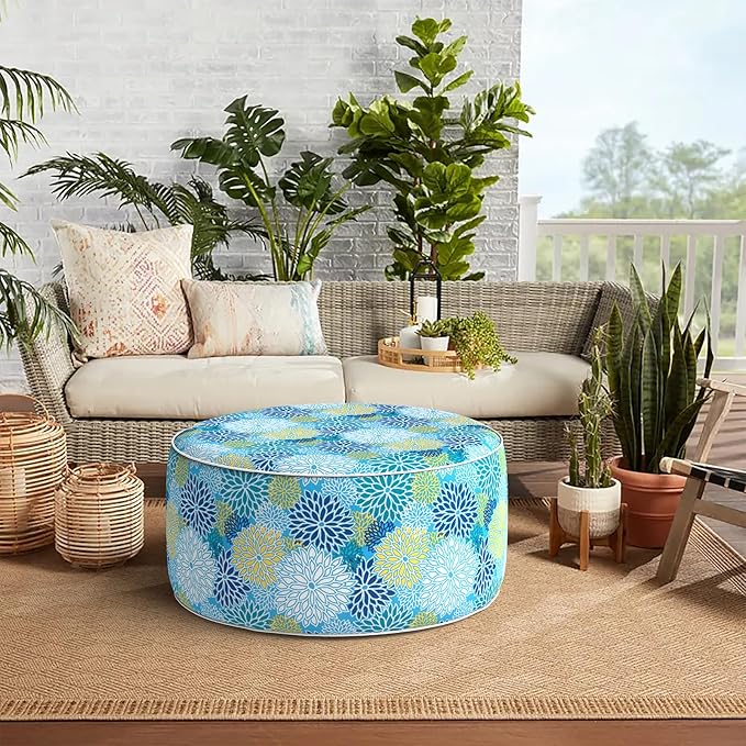 Indoor/Outdoor Inflatable Ottoman D31 x H14 inch, All Weather Ottoman Pouf, Portable Footstool Round Foot Rest Ottomans for Patio, Garden, Porch, Home, Dahlia Blue