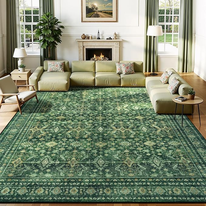 Lessymo Washable Area Rug for Living Room,8x10 Green Large Rugs with Non-Slip Backing,Soft Boho Carpets for Bedroom Dining Room Nursery Home Office